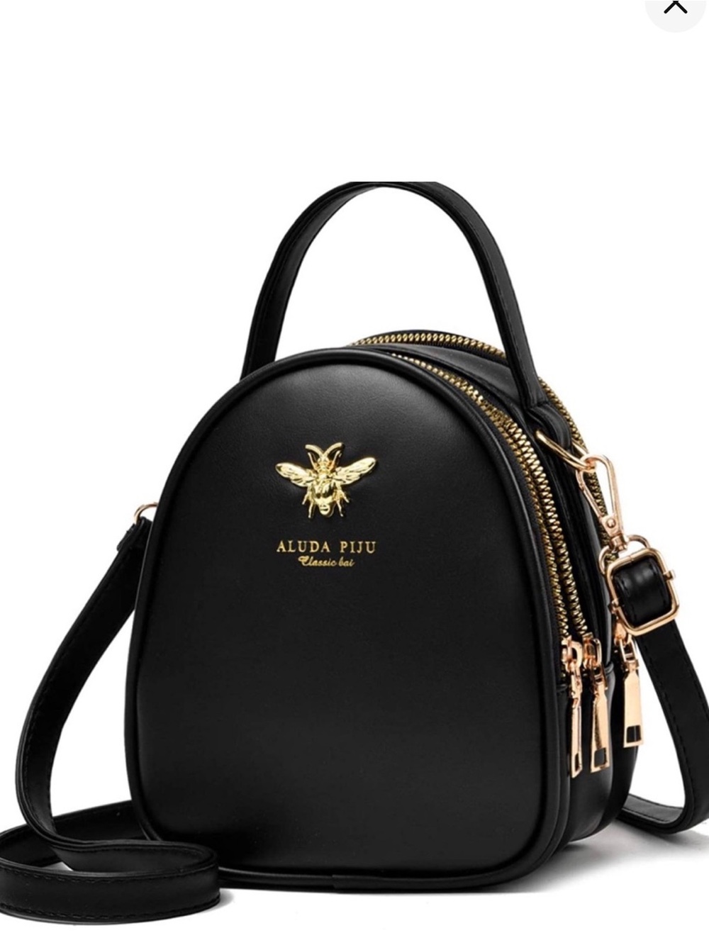 Black Mini Dome Crossbody Bag with Gold Bee Accent